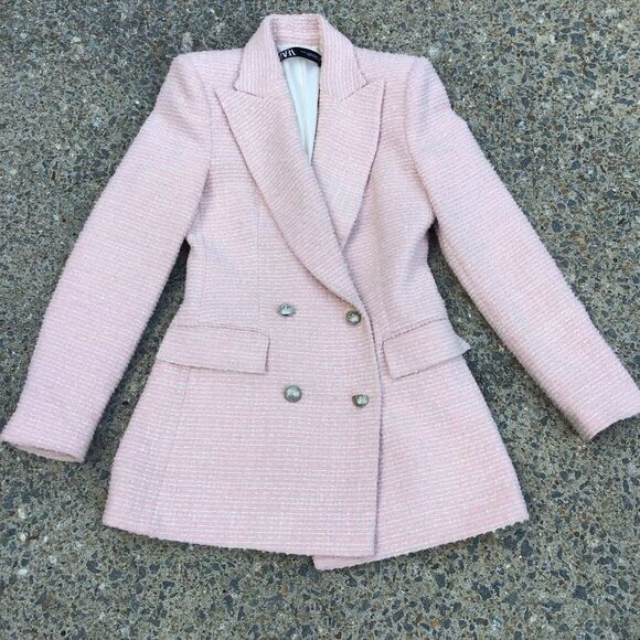 ZARA TEXTURED TWEED DOUBLE BREASTED BLAZER PINK - Picture 5 of 9